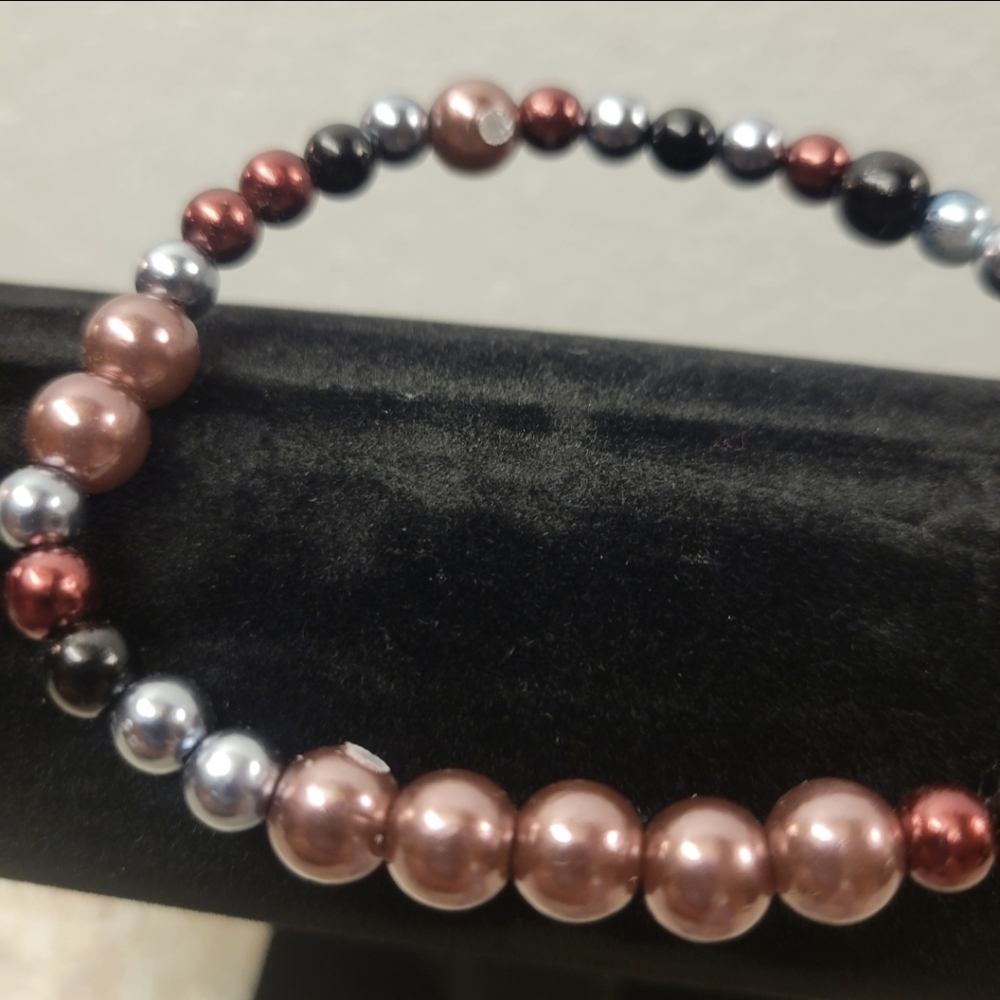 Hand Crafted Men's Black, Brown, Silver, and Copper Stretch Bracelet - Picture 3 of 8